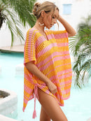 Cover-up con cuello en V y rayas caladas con borlas