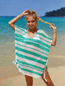 Cover-up con cuello en V y rayas caladas con borlas
