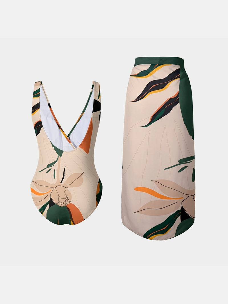 Conjunto de baño con falda y traje de baño con tirantes anchos y sobrepelliz estampado
