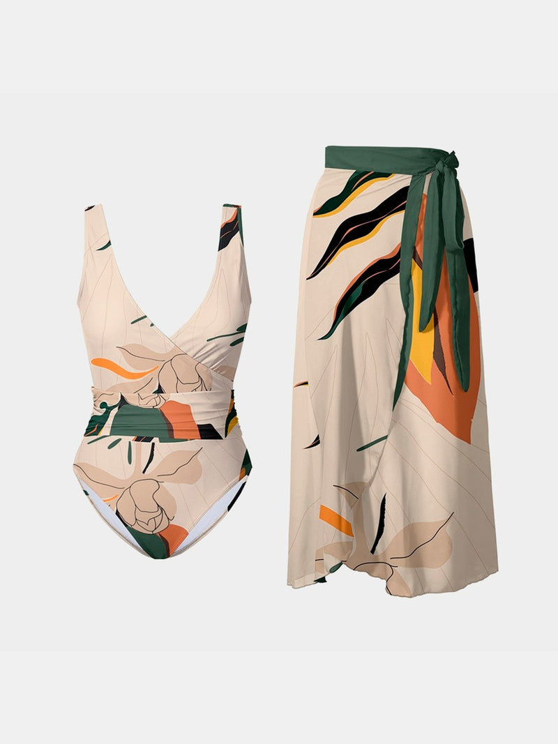 Conjunto de baño con falda y traje de baño con tirantes anchos y sobrepelliz estampado