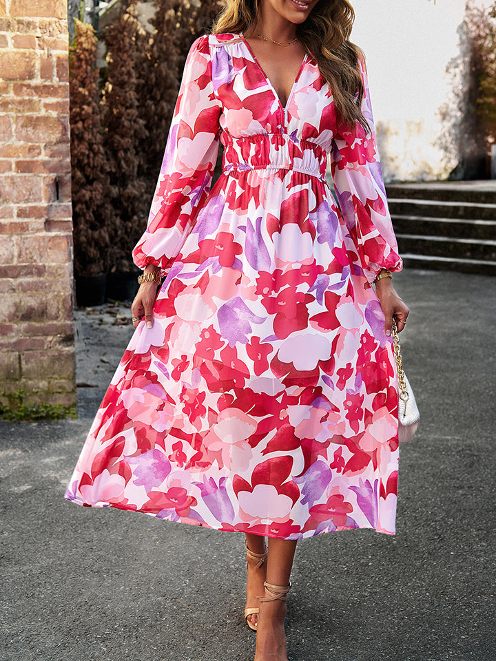 Printed V-Neck Long Sleeve Midi Dress