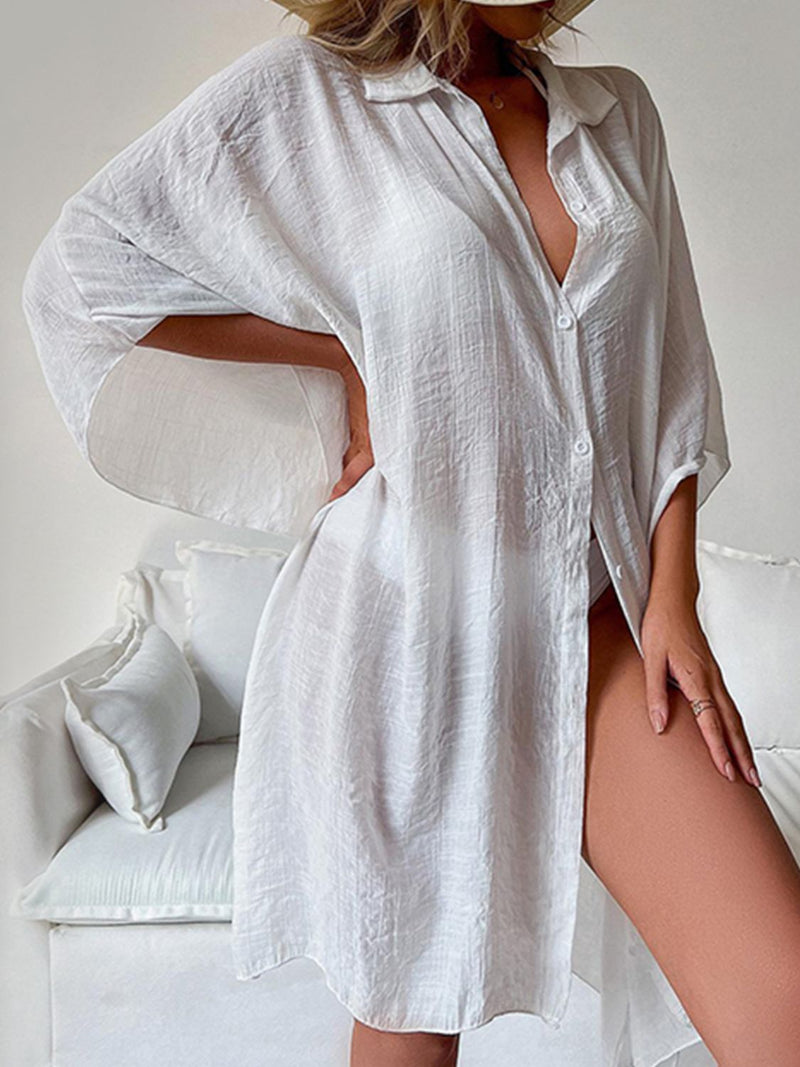 Button Up Three-Quarter Sleeve Cover Up