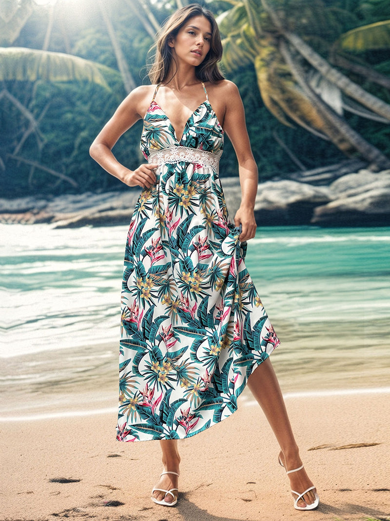 Vestido camisola midi con cuello halter estampado y detalle de encaje