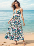 Vestido camisola midi con cuello halter estampado y detalle de encaje
