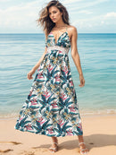 Robe caraco mi-longue imprimée à col licou et détails en dentelle