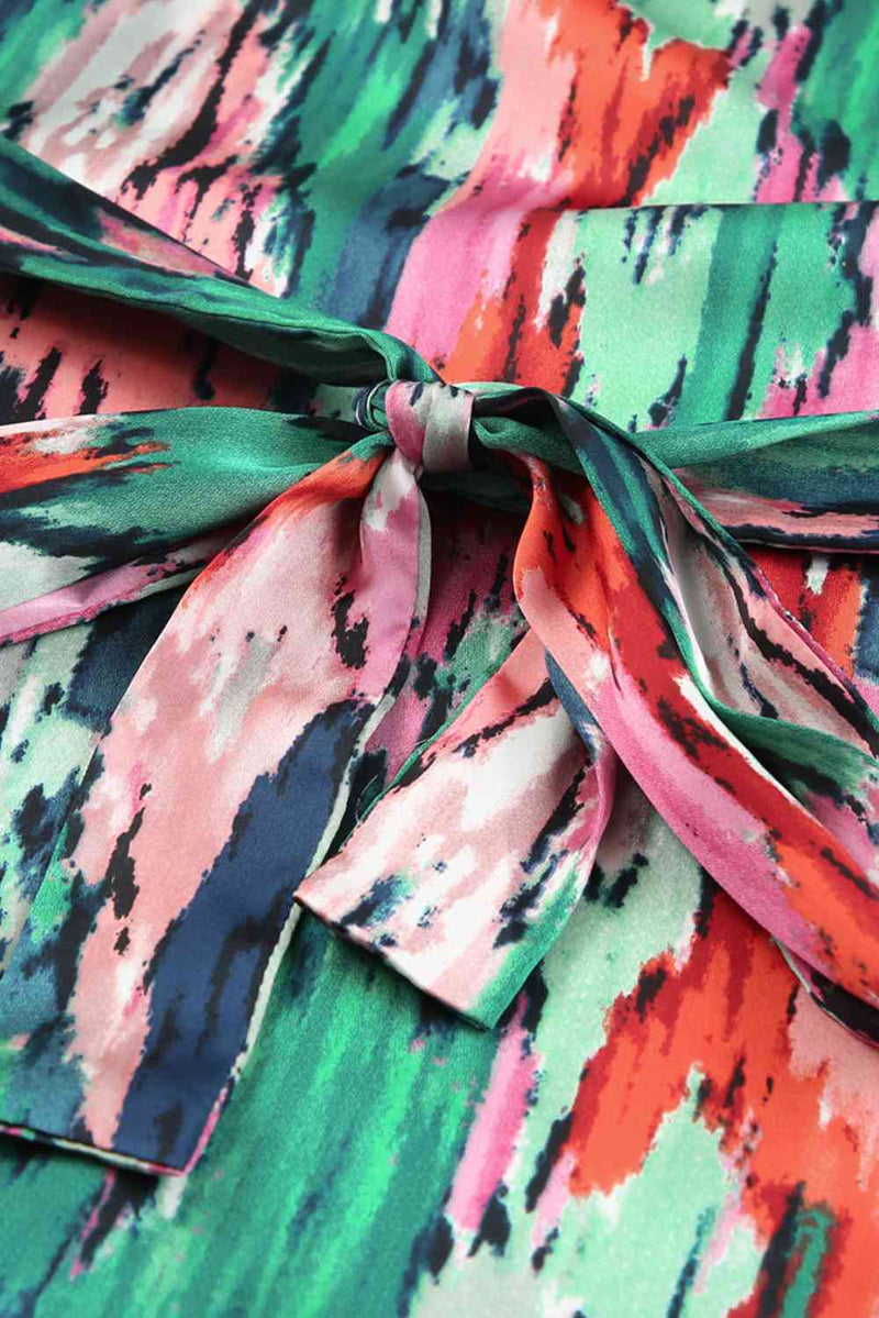 Abstract Print Belted Ruffle Hem Dress