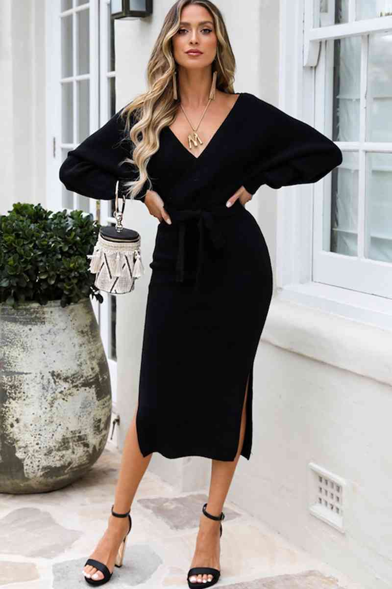 Robe pull fendue à la taille avec nœud à surplis et col