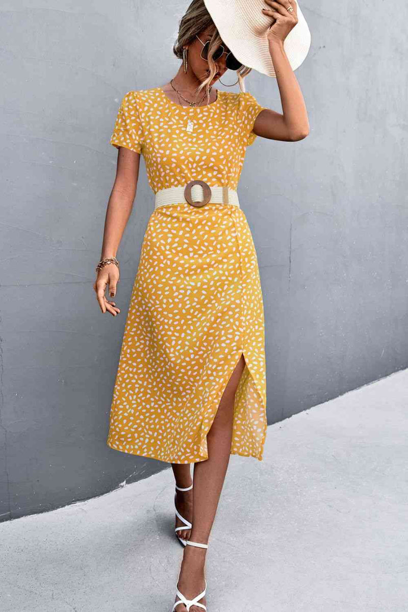 Robe midi imprimée à fente et découpe (ceinture non incluse)
