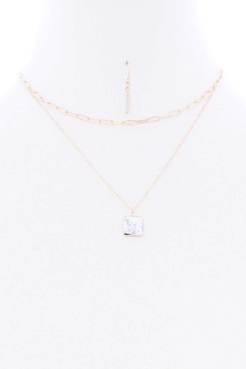 2 Layered Chain Metal Square Marbling Stone Pendant Necklace - AM APPAREL