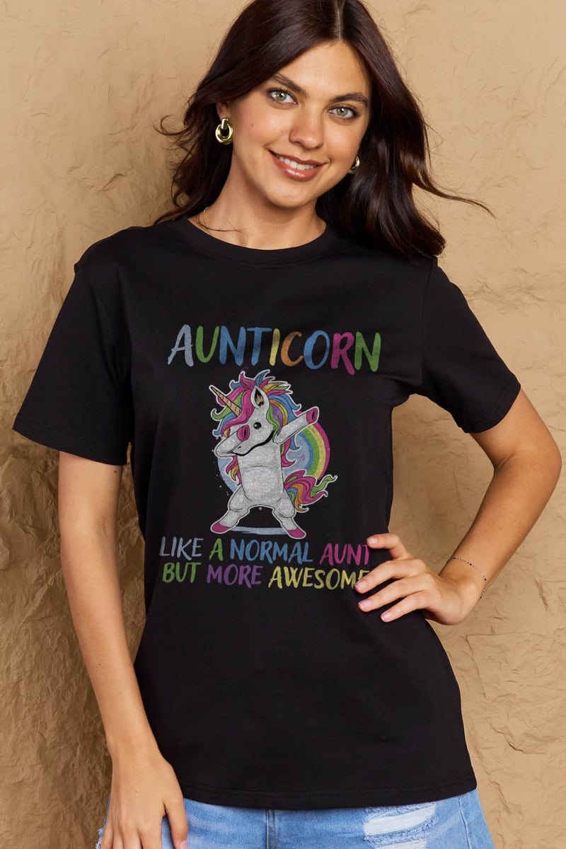 Simply Love Camiseta de algodón gráfica de tamaño completo AUNTICORN COMO UNA TÍA NORMAL PERO MÁS IMPRESIONANTE