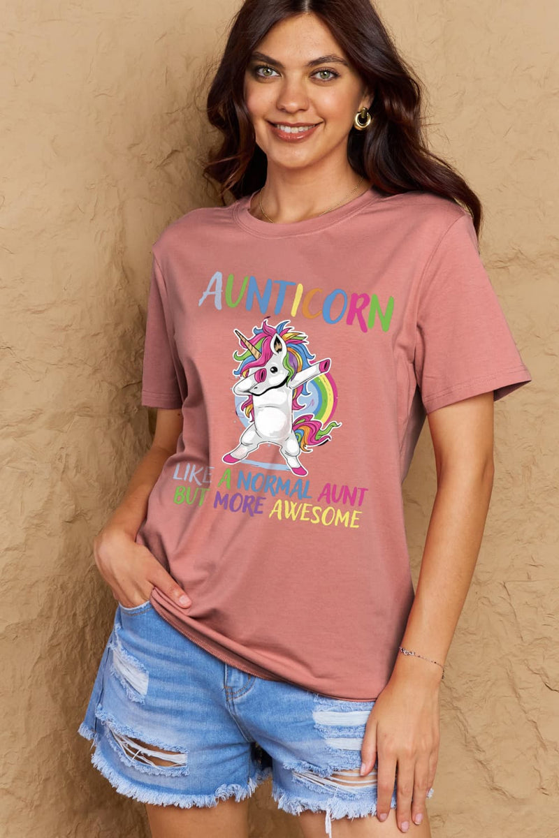 Simply Love Camiseta de algodón gráfica de tamaño completo AUNTICORN COMO UNA TÍA NORMAL PERO MÁS IMPRESIONANTE