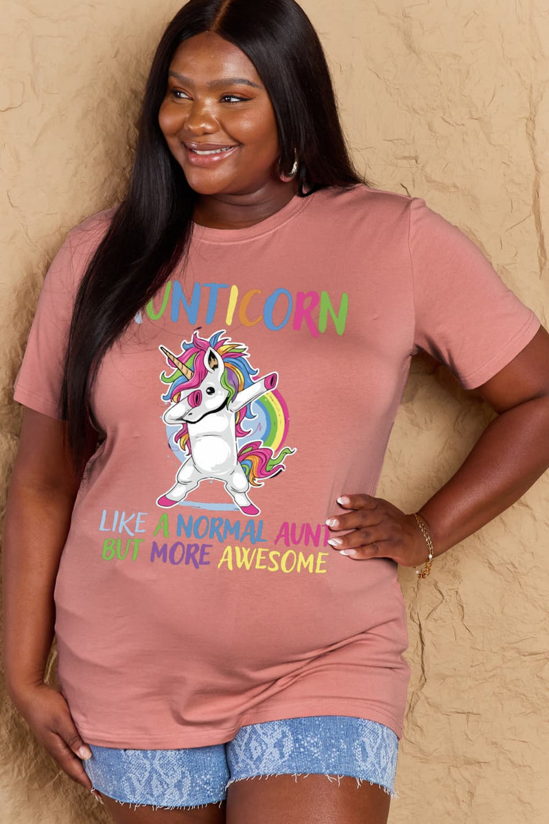 Simply Love Camiseta de algodón gráfica de tamaño completo AUNTICORN COMO UNA TÍA NORMAL PERO MÁS IMPRESIONANTE