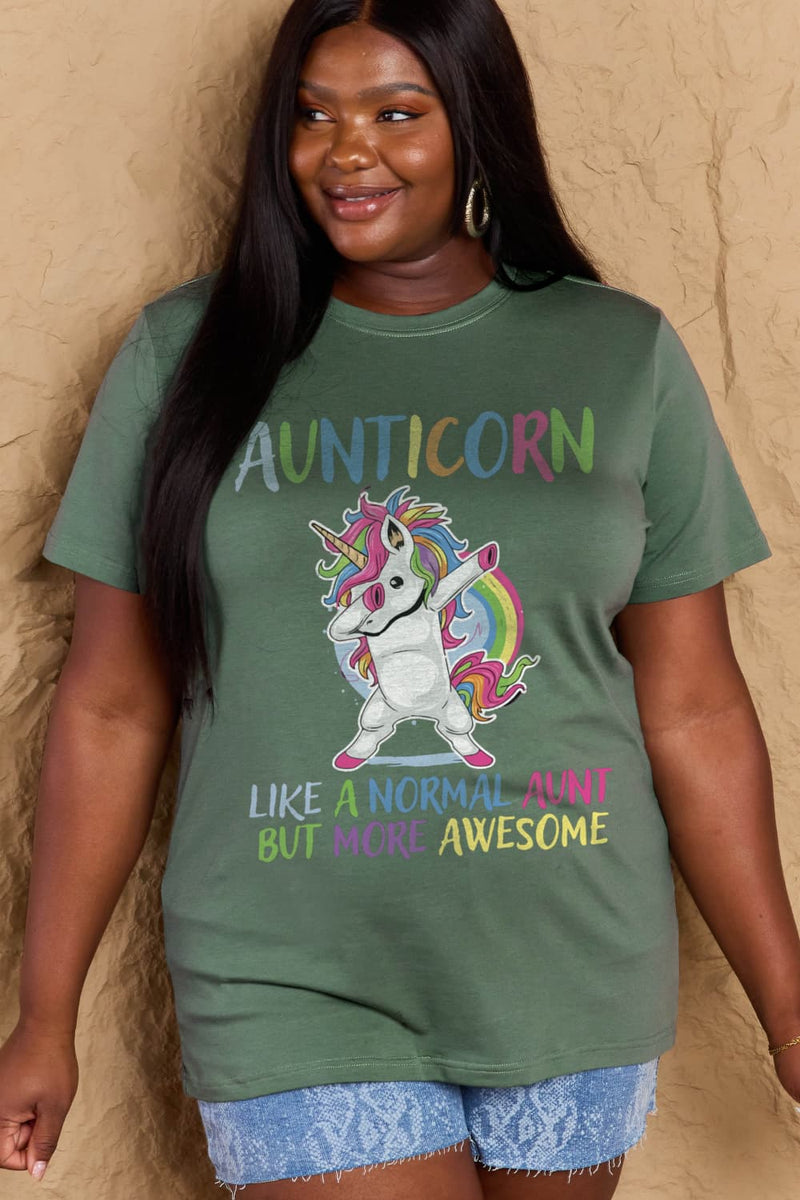 Simply Love Camiseta de algodón gráfica de tamaño completo AUNTICORN COMO UNA TÍA NORMAL PERO MÁS IMPRESIONANTE