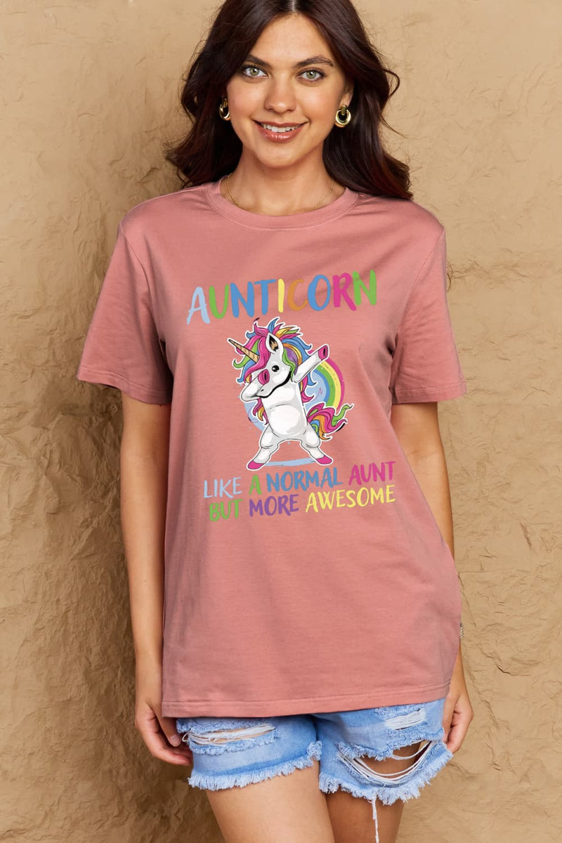 Simply Love Camiseta de algodón gráfica de tamaño completo AUNTICORN COMO UNA TÍA NORMAL PERO MÁS IMPRESIONANTE