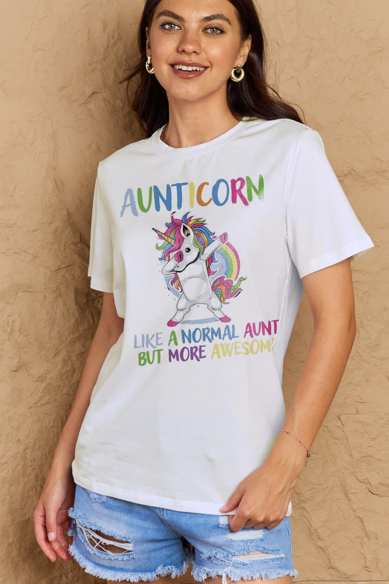 Simply Love Camiseta de algodón gráfica de tamaño completo AUNTICORN COMO UNA TÍA NORMAL PERO MÁS IMPRESIONANTE