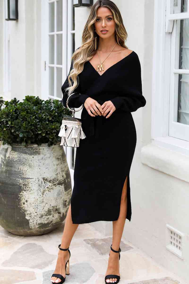 Robe pull fendue à la taille avec nœud à surplis et col