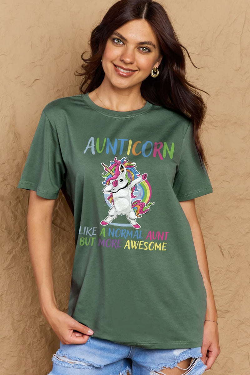 Simply Love Camiseta de algodón gráfica de tamaño completo AUNTICORN COMO UNA TÍA NORMAL PERO MÁS IMPRESIONANTE