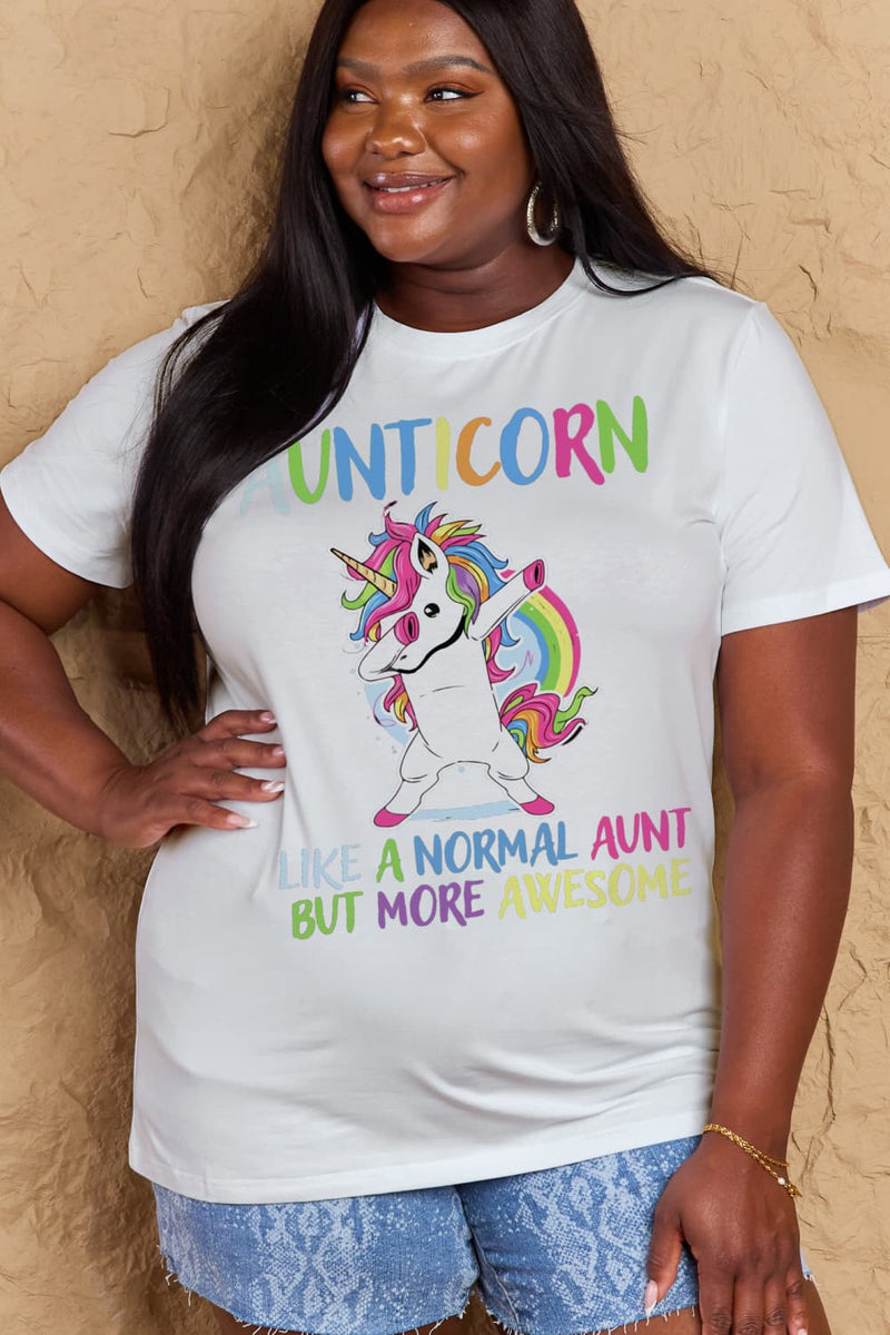 Simply Love Camiseta de algodón gráfica de tamaño completo AUNTICORN COMO UNA TÍA NORMAL PERO MÁS IMPRESIONANTE