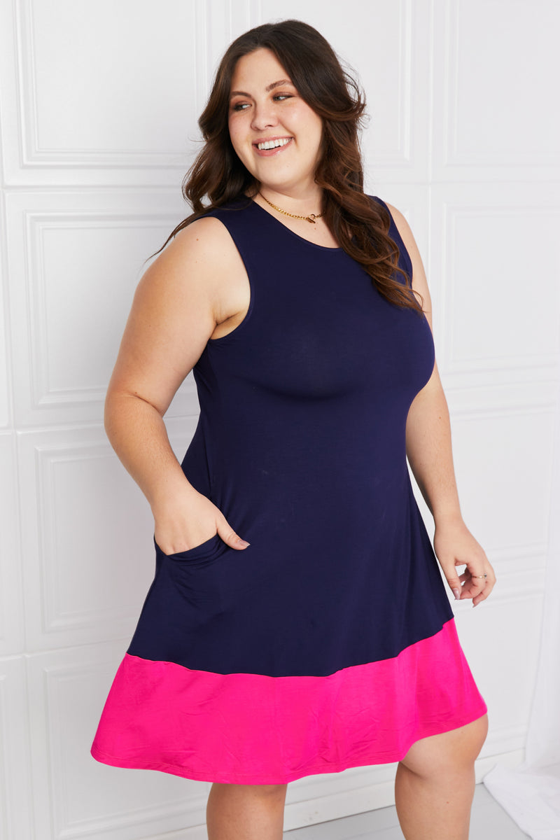 Yelete Mini vestido sin mangas de dos tonos de tamaño completo con bolsillos