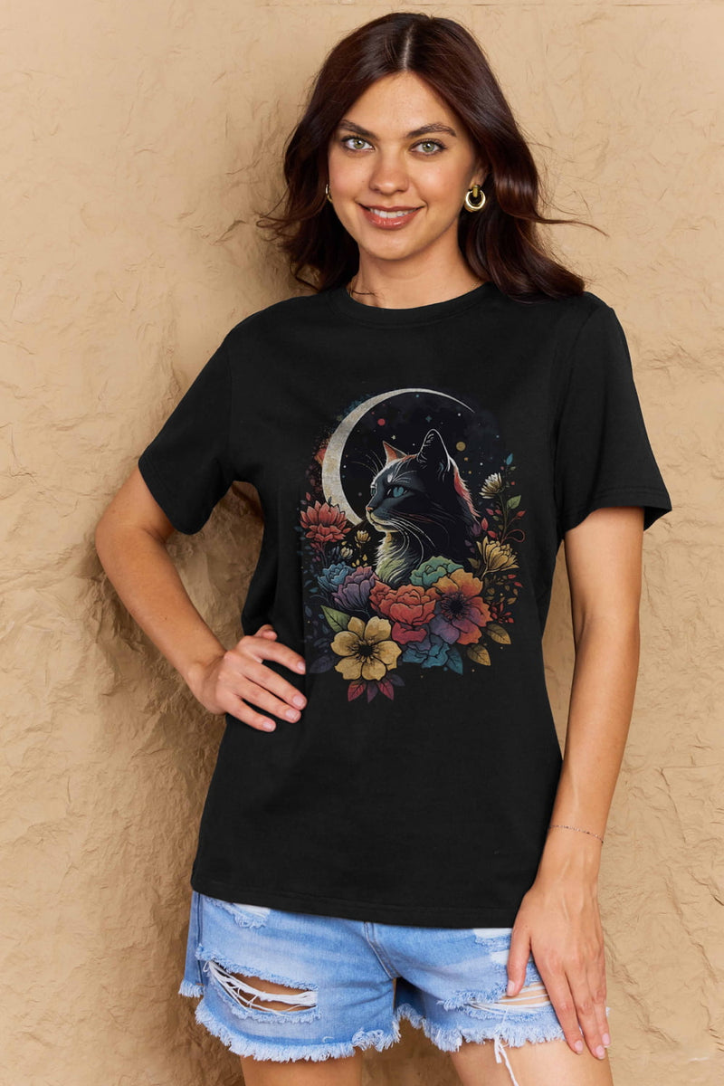 Camiseta de algodón con estampado de gato de tamaño completo de Simply Love