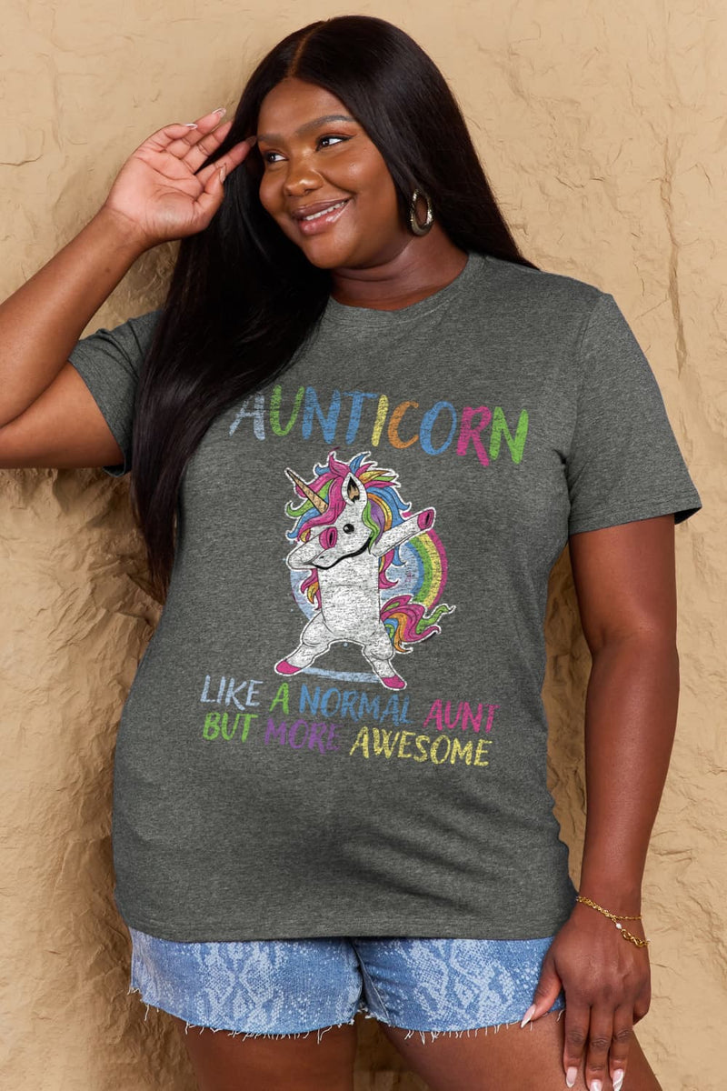 Simply Love Camiseta de algodón gráfica de tamaño completo AUNTICORN COMO UNA TÍA NORMAL PERO MÁS IMPRESIONANTE