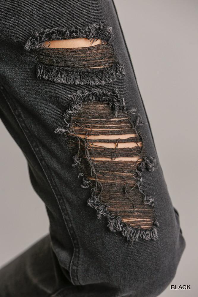 5 Pockets Non-stretch Distressed Denim Jeans With Raw Hem - AM APPAREL