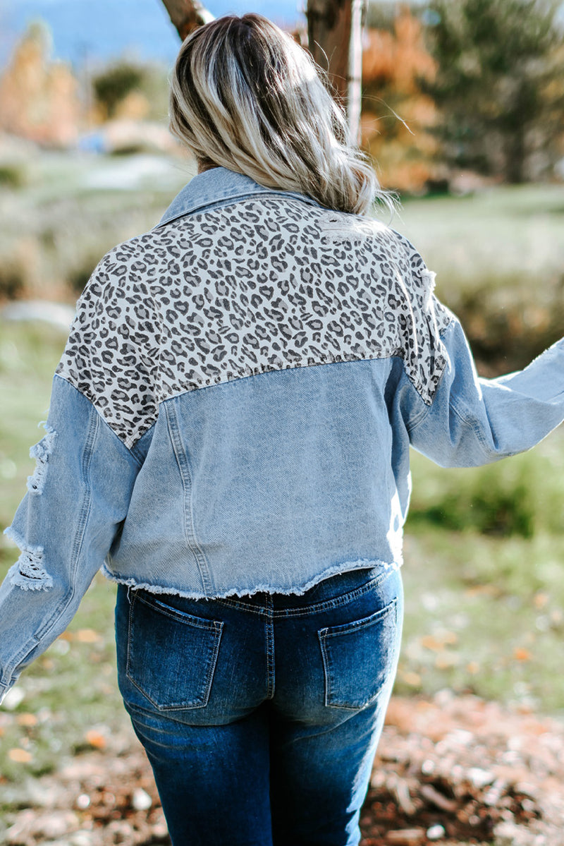 Veste en Jean Épissé Imprimé Léopard de Grande Taille à Ourlet Brut