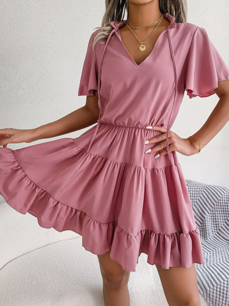 Tie Neck Tiered Flutter Sleeve Mini Dress