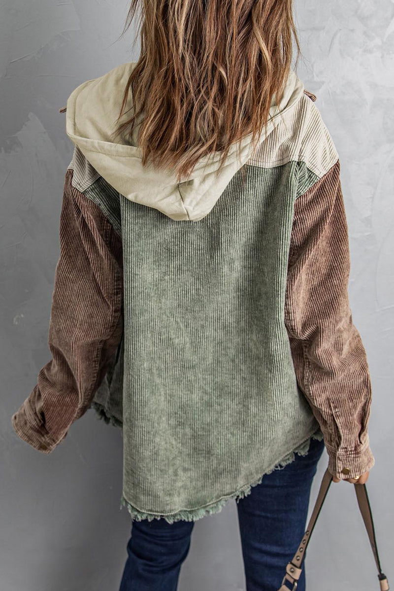 Veste en velours côtelé à capuche avec boutons-pression sur le devant