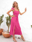 Robe mi-longue à bretelles nouées et encolure carrée