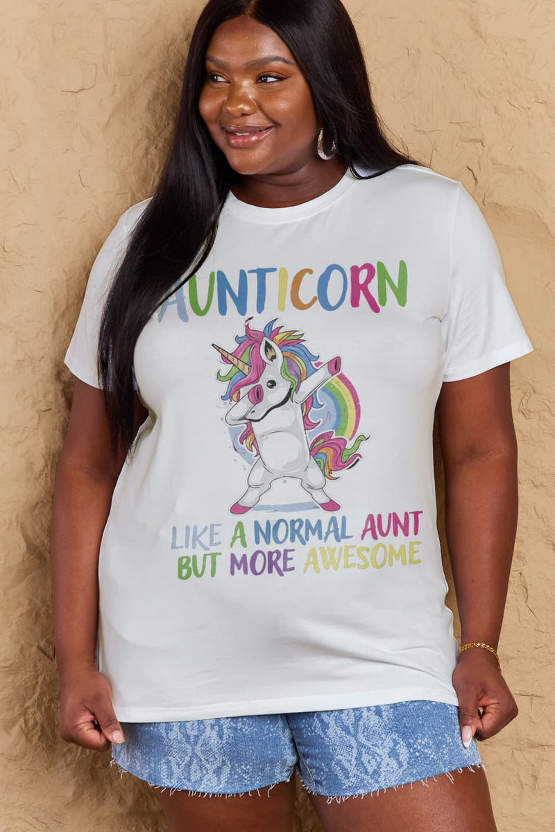 Simply Love Camiseta de algodón gráfica de tamaño completo AUNTICORN COMO UNA TÍA NORMAL PERO MÁS IMPRESIONANTE