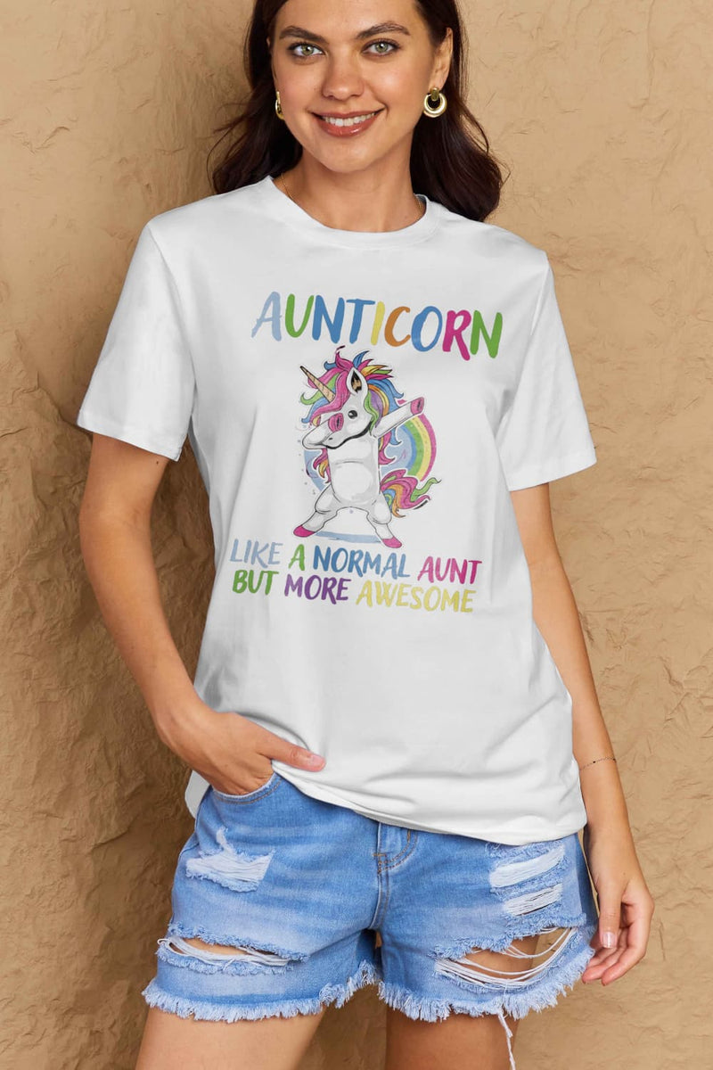 Simply Love Camiseta de algodón gráfica de tamaño completo AUNTICORN COMO UNA TÍA NORMAL PERO MÁS IMPRESIONANTE