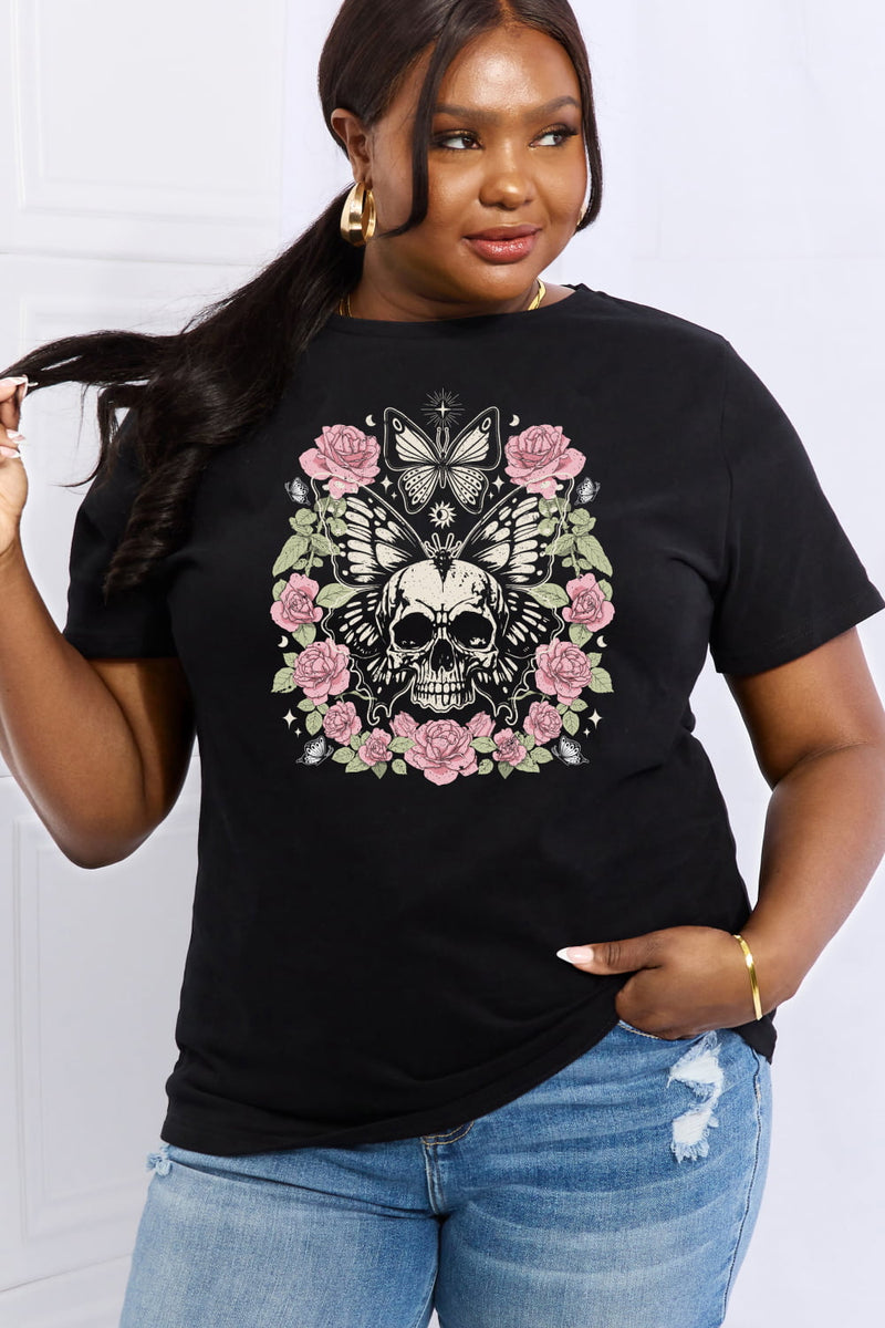 T-shirt en coton avec motif tête de mort et papillon, grande taille, Simply Love