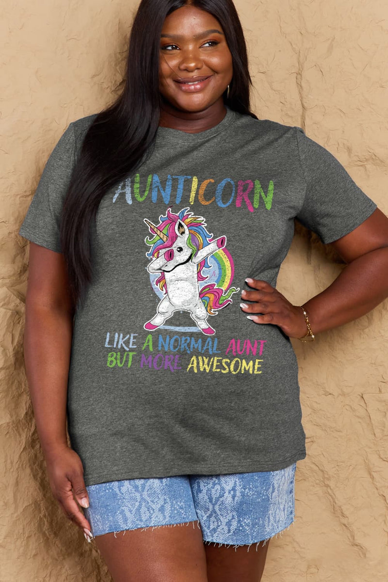 Simply Love Camiseta de algodón gráfica de tamaño completo AUNTICORN COMO UNA TÍA NORMAL PERO MÁS IMPRESIONANTE