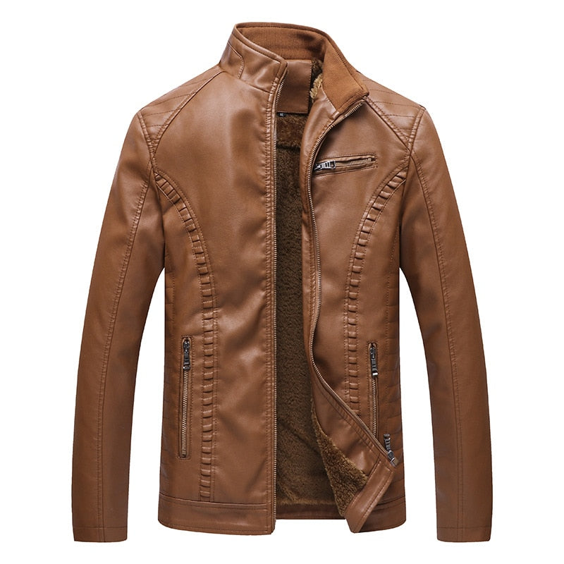 Chaqueta de cuello alto de cuero PU de vellón de invierno para hombre