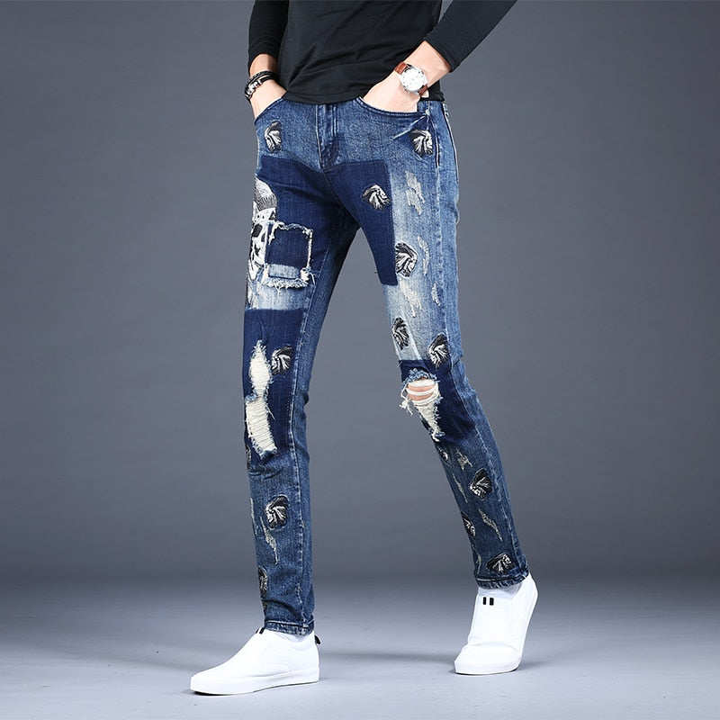 Men's Blue Patch Distressed Slim Fit Jeans
