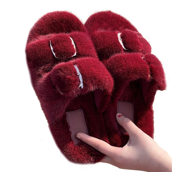 Women's Double Strapped Furry Fluffy Slippers