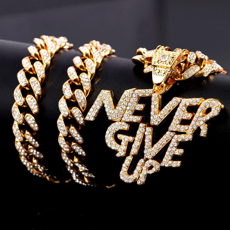 NEVER GIVE UP Unisex Letter Pendant Iced Out Necklace