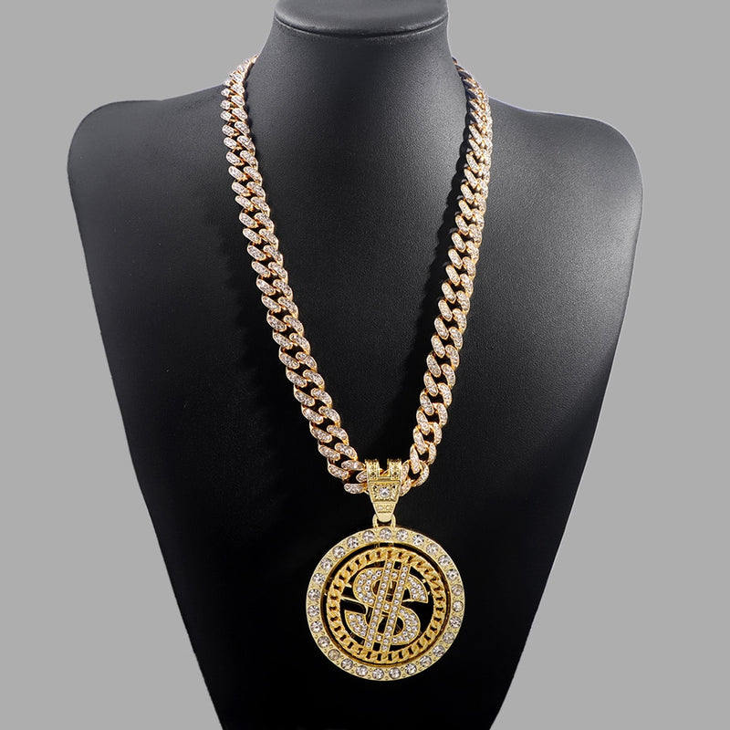 Collier pendentif dollar unisexe avec strass Bling