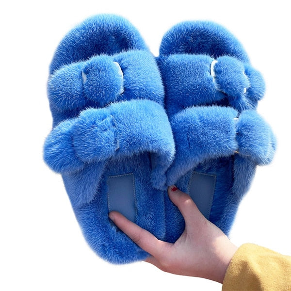 Women's Double Strapped Furry Fluffy Slippers