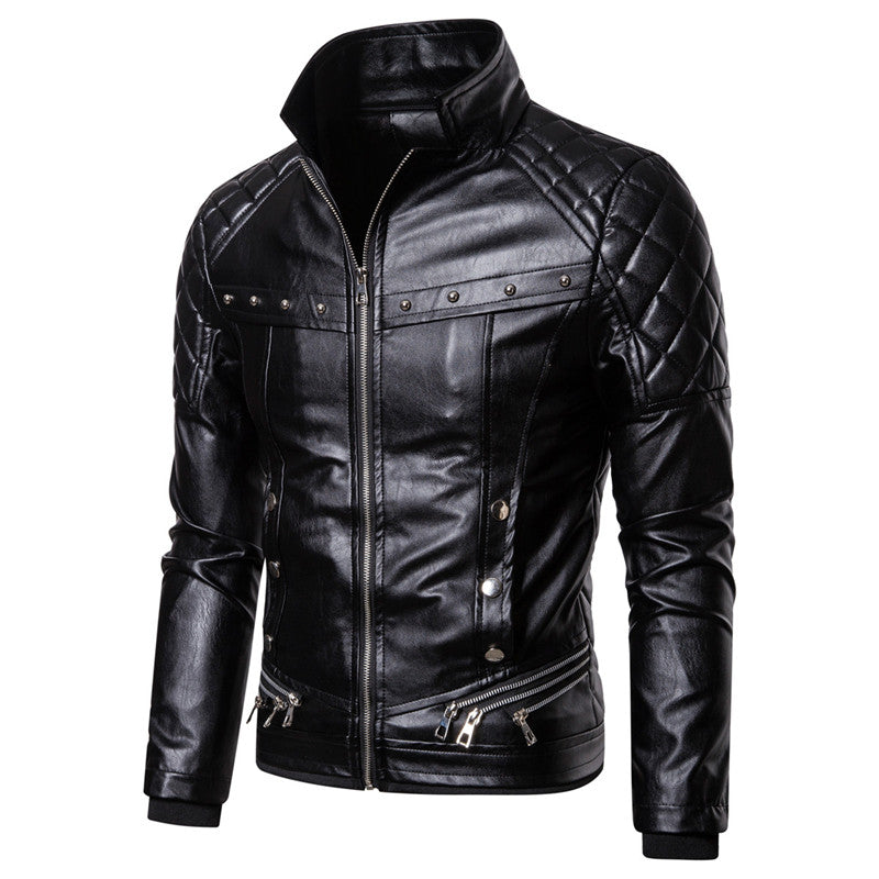 Chaqueta con cuello de piel de cuero PU estilo punk para hombre