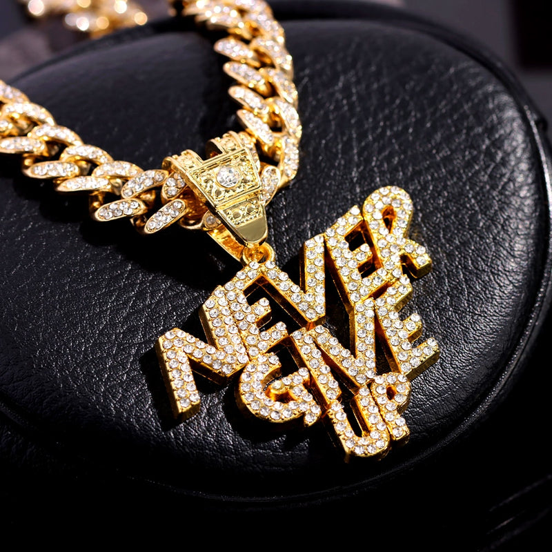 NEVER GIVE UP Unisex Letter Pendant Iced Out Necklace