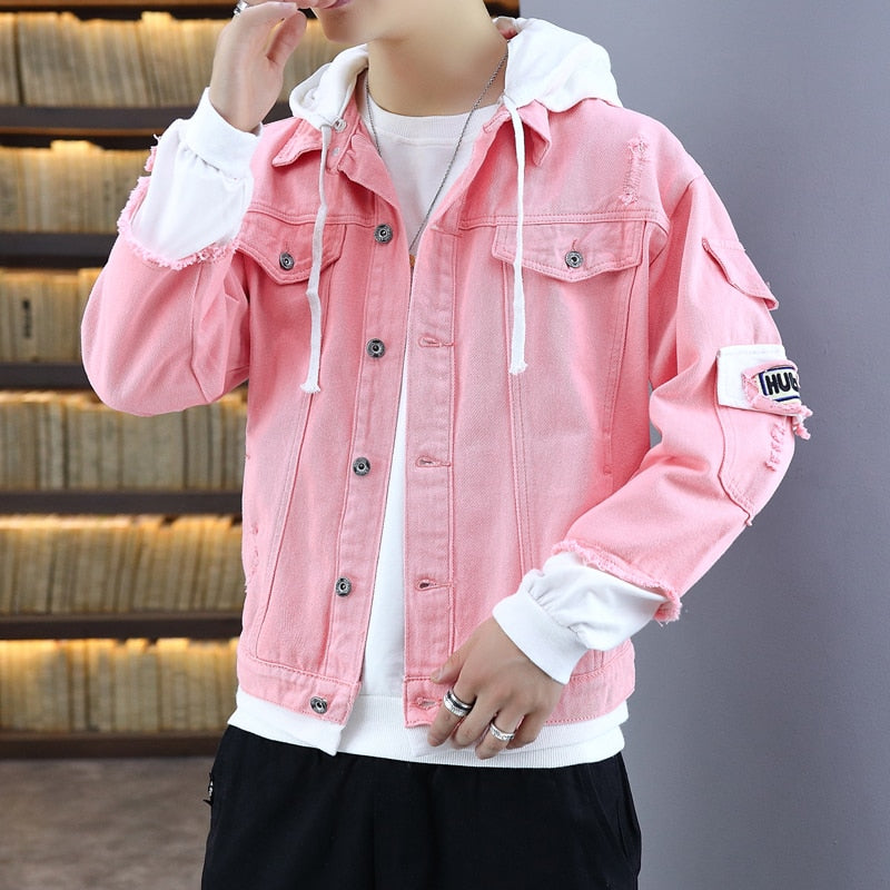 Men's Color Block Streetwear Denim Hoodie Jacket