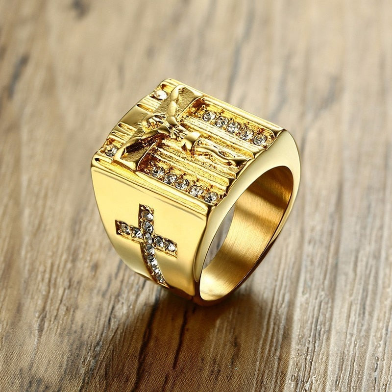 ZORC Men's Gold Color Punk Cross Ring