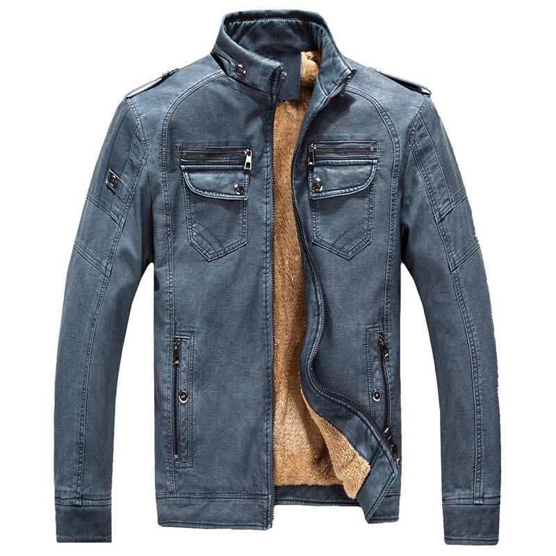 Men's Winter Thick Wool Interior PU Leather Jacket