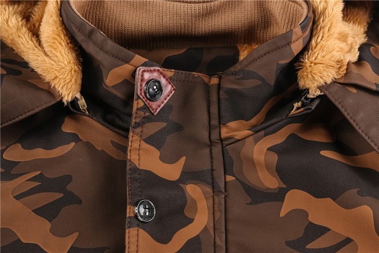 Men's Faux Leather Fleece Camouflage Jacket