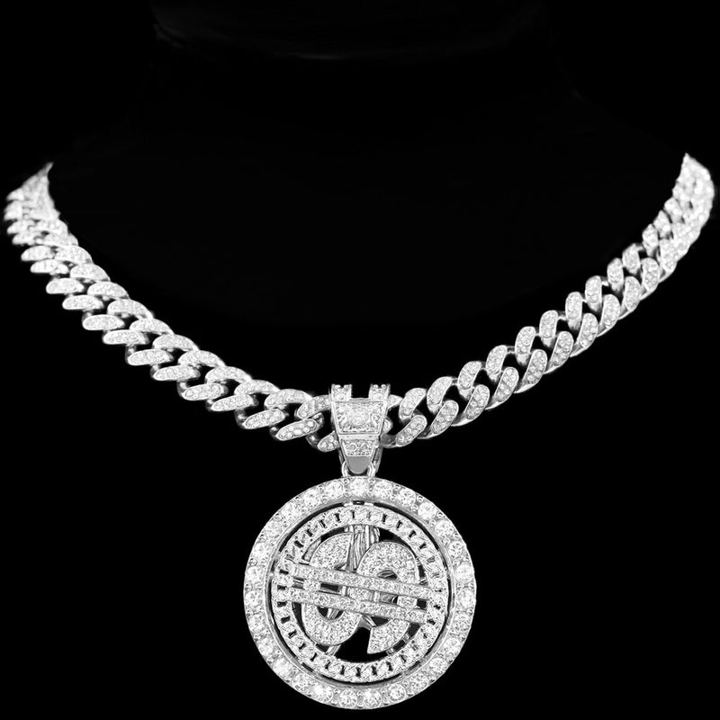 Collier pendentif dollar unisexe avec strass Bling