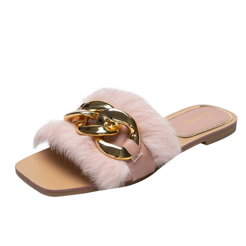 Pantuflas de felpa con detalle de cadena para mujer