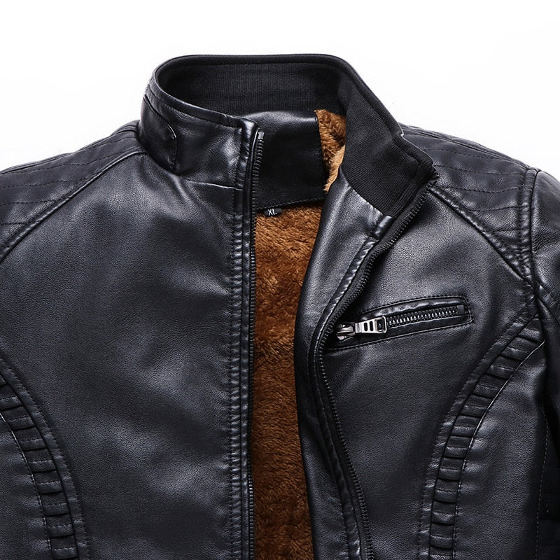 Chaqueta de cuello alto de cuero PU de vellón de invierno para hombre