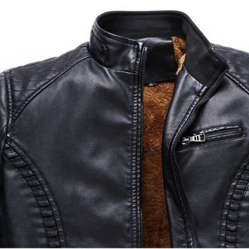 Chaqueta de cuello alto de cuero PU de vellón de invierno para hombre